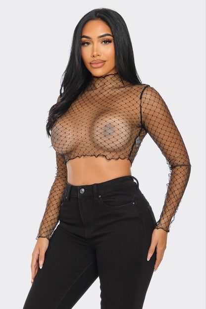 Mesh Long Sleeve Top W/ Gold Flakes