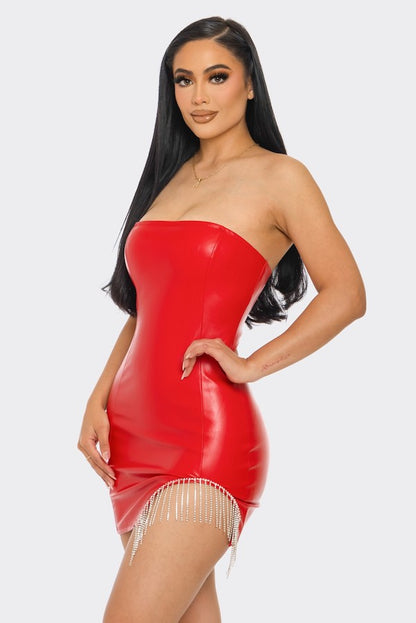 Tube Pleather Rhinestone Fringe Dress