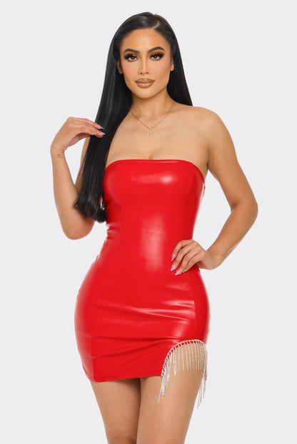Tube Pleather Rhinestone Fringe Dress
