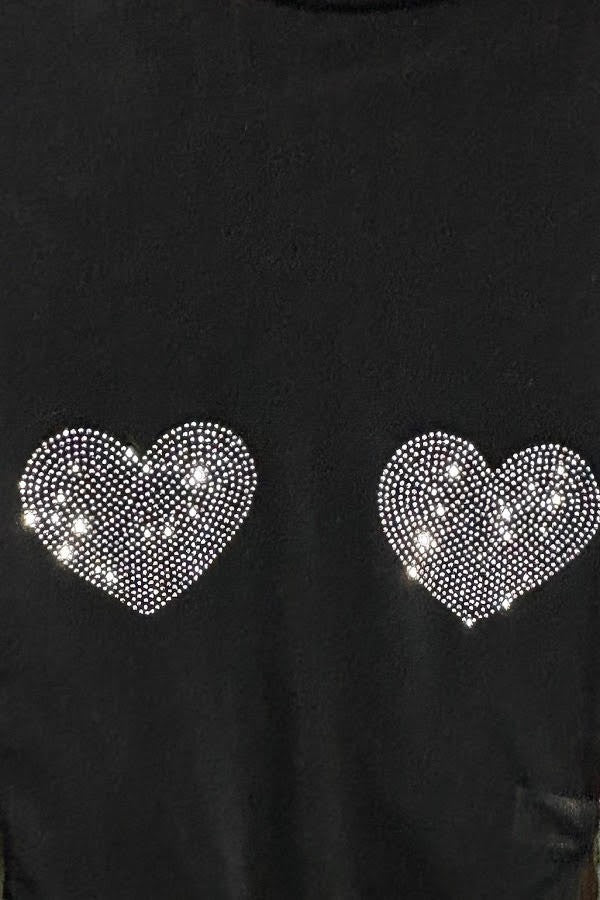 Black top with heart-shaped rhinestone embellishments on a plain background