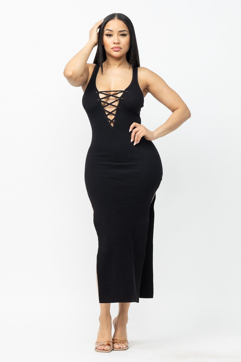 Sleeveless Lace Up Open Slit Maxi Dress