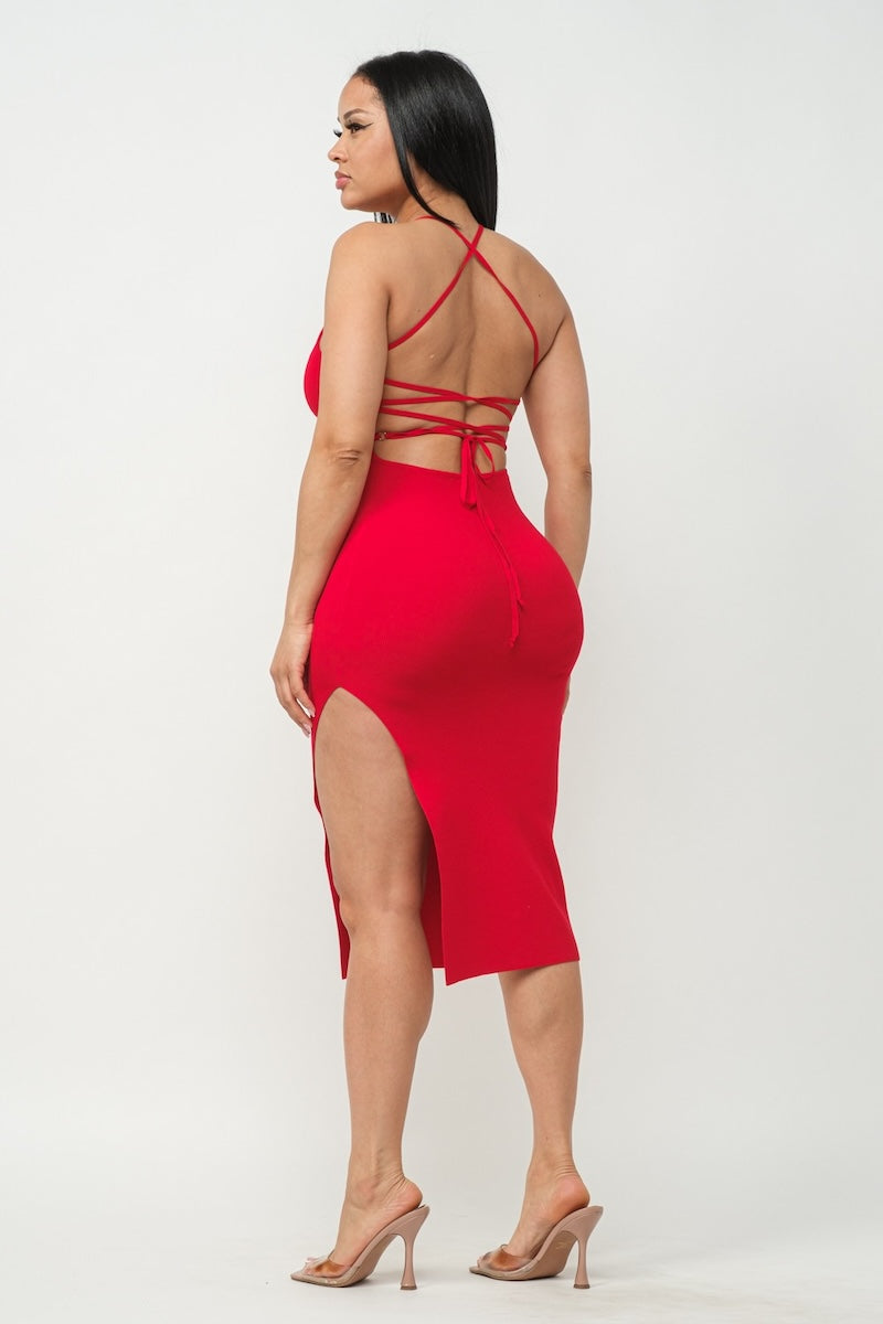 Lace Up Ribbed Open Slit Dress