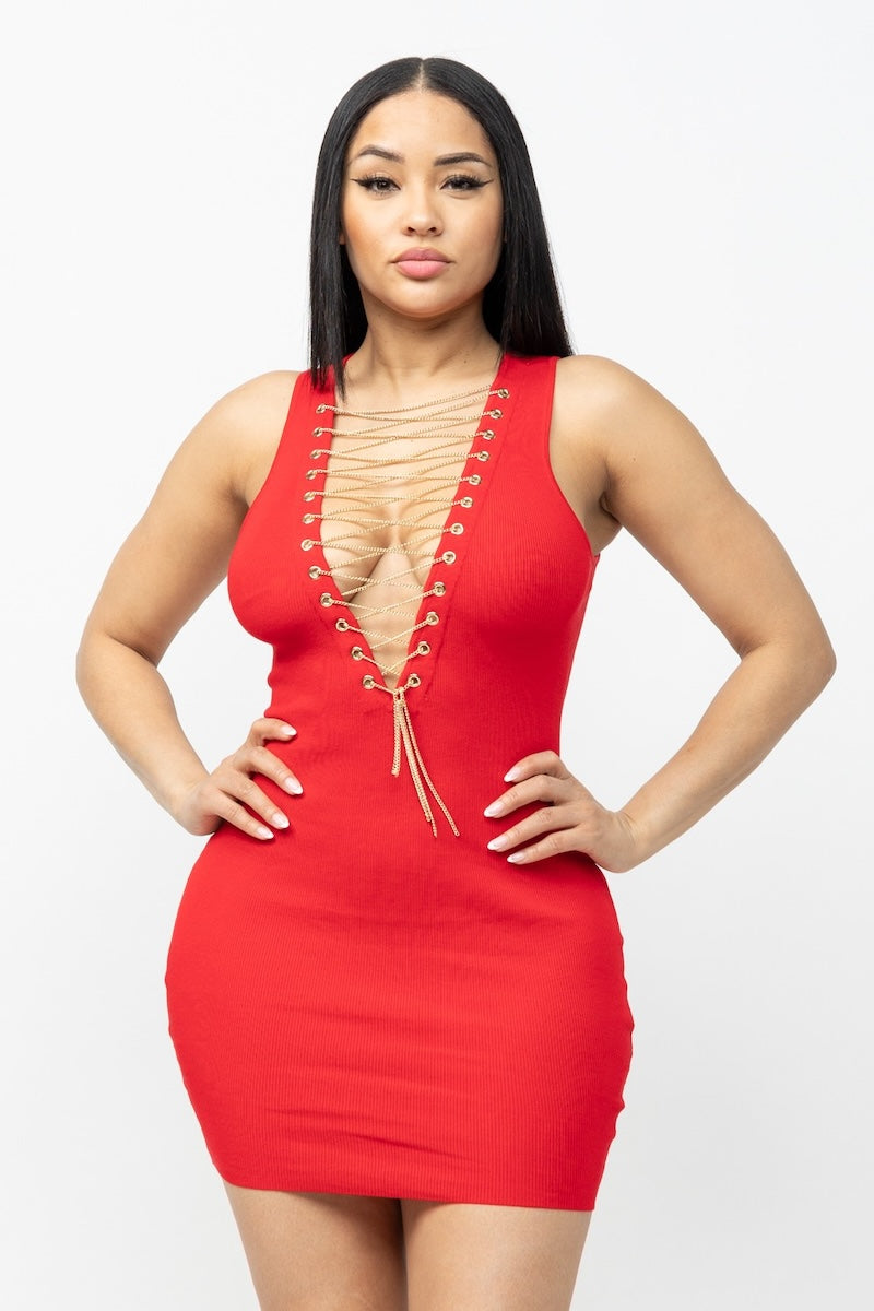 Chain Lace Up Ribbed Dress - Red