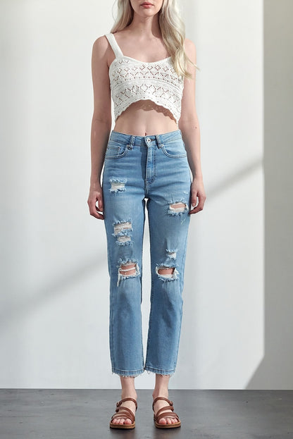High Rise Distressed Slim Straight Jeans
