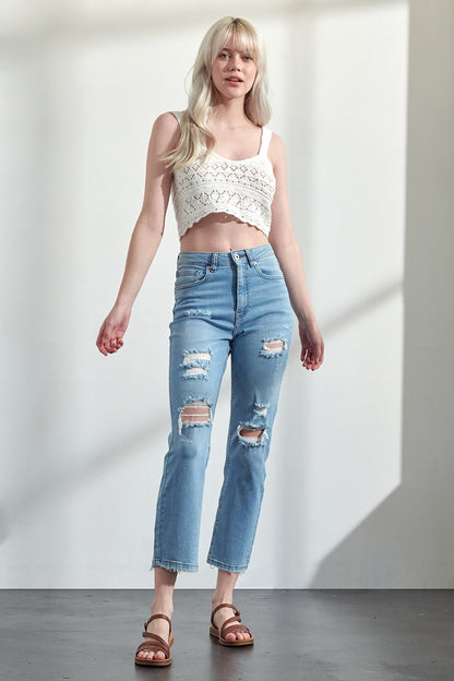 High Rise Distressed Slim Straight Jeans