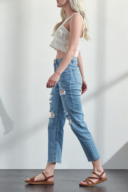 High Rise Distressed Slim Straight Jeans