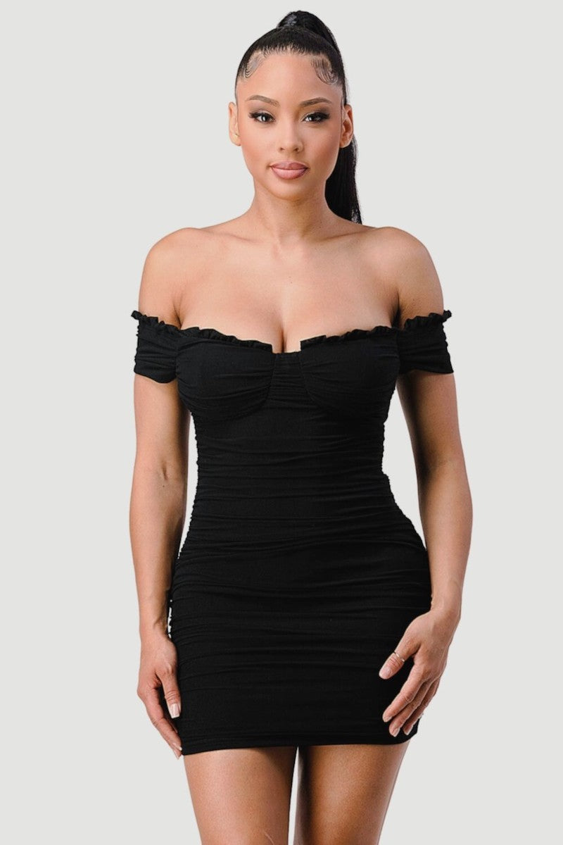 Femme Fatale Mesh Off Shoulder Dress - Black