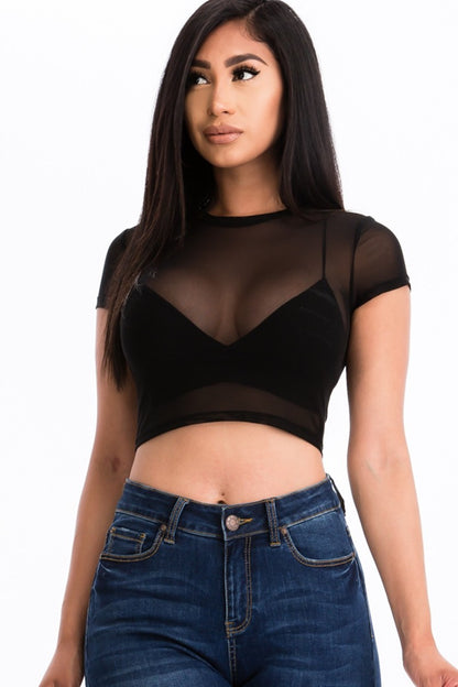 Mesh Sheer Blouse Crop Top - Black