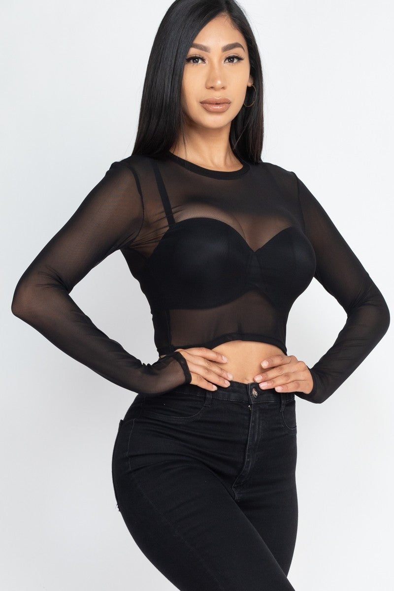 Mesh Long Sleeve Crop Top - Black