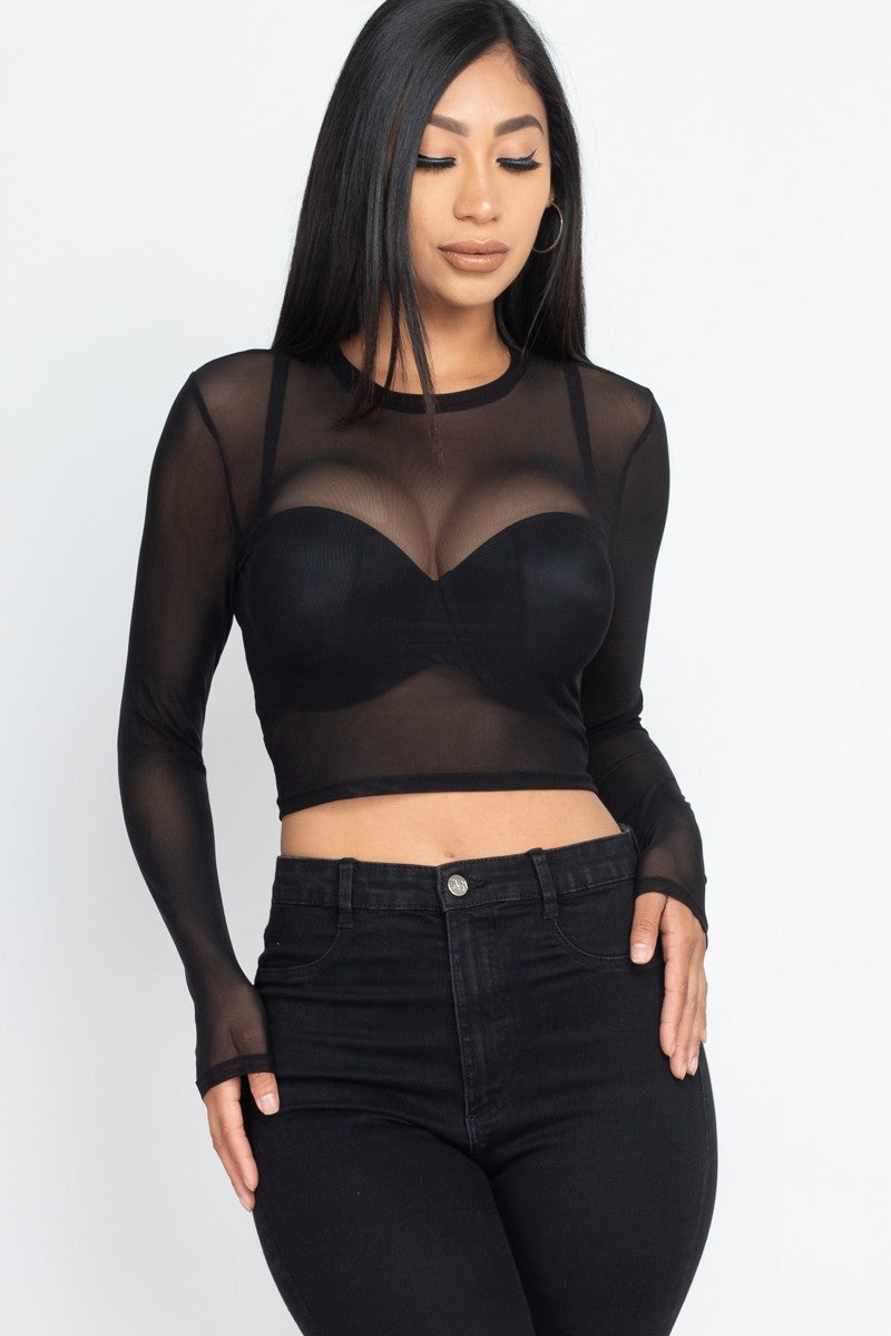 Mesh Long Sleeve Crop Top - Black