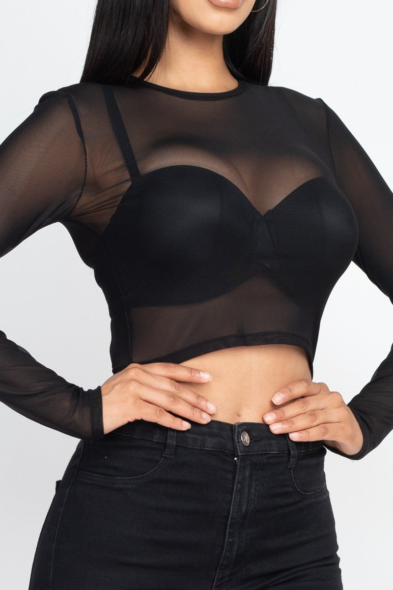 Mesh Long Sleeve Crop Top - Black