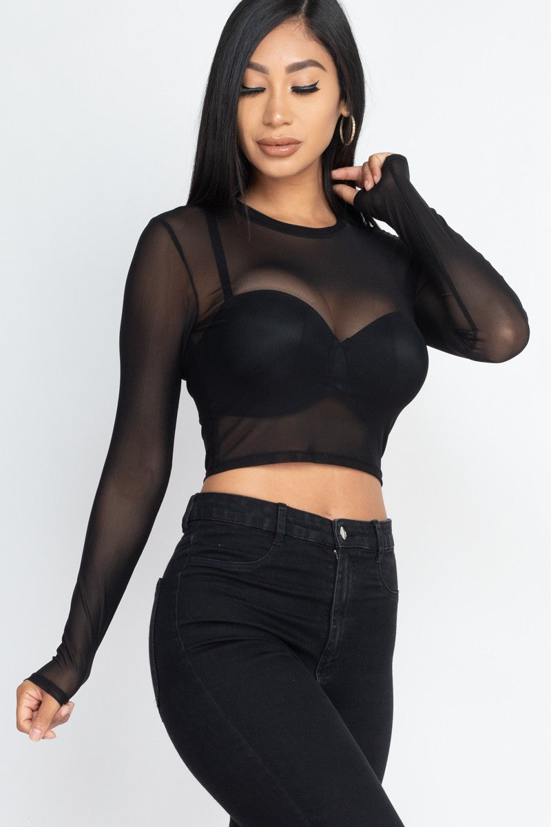 Mesh Long Sleeve Crop Top - Black