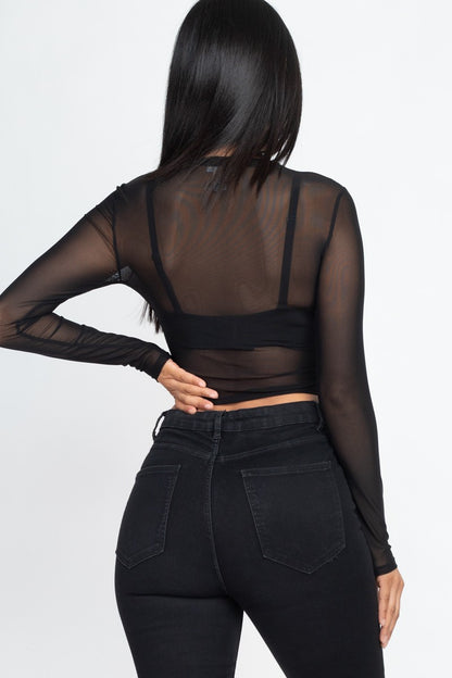 Mesh Long Sleeve Crop Top - Black