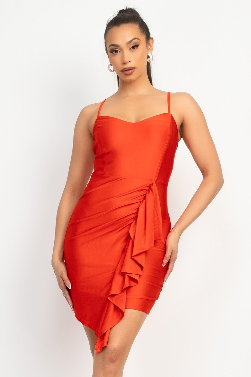 Satin Ruffled Bodycon Dress Red Orange / L Satin Ruffled Bodycon Dress Red Orange / L