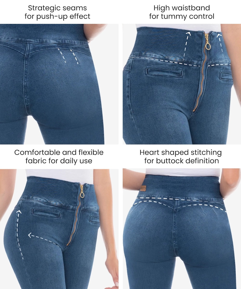 Blue jeans with various design features highlighted on a white background