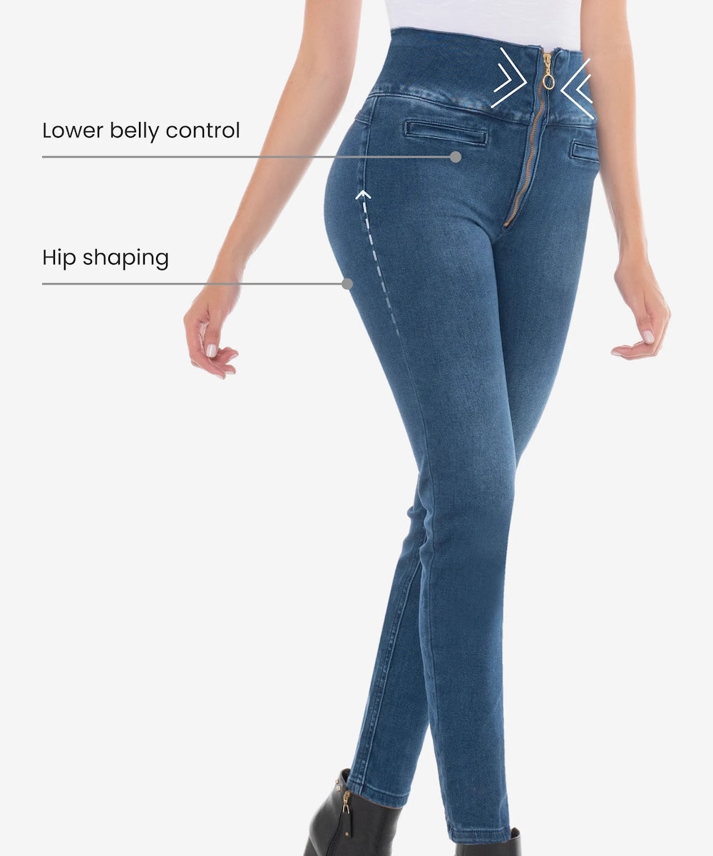 Blue jeans with labeled features on a white background