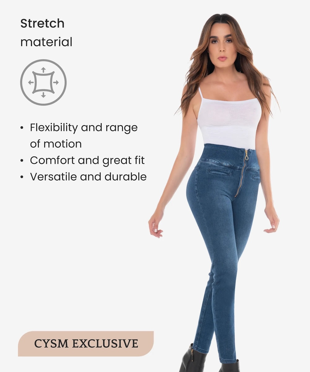 Woman wearing blue jeans with text about stretch material on a white background