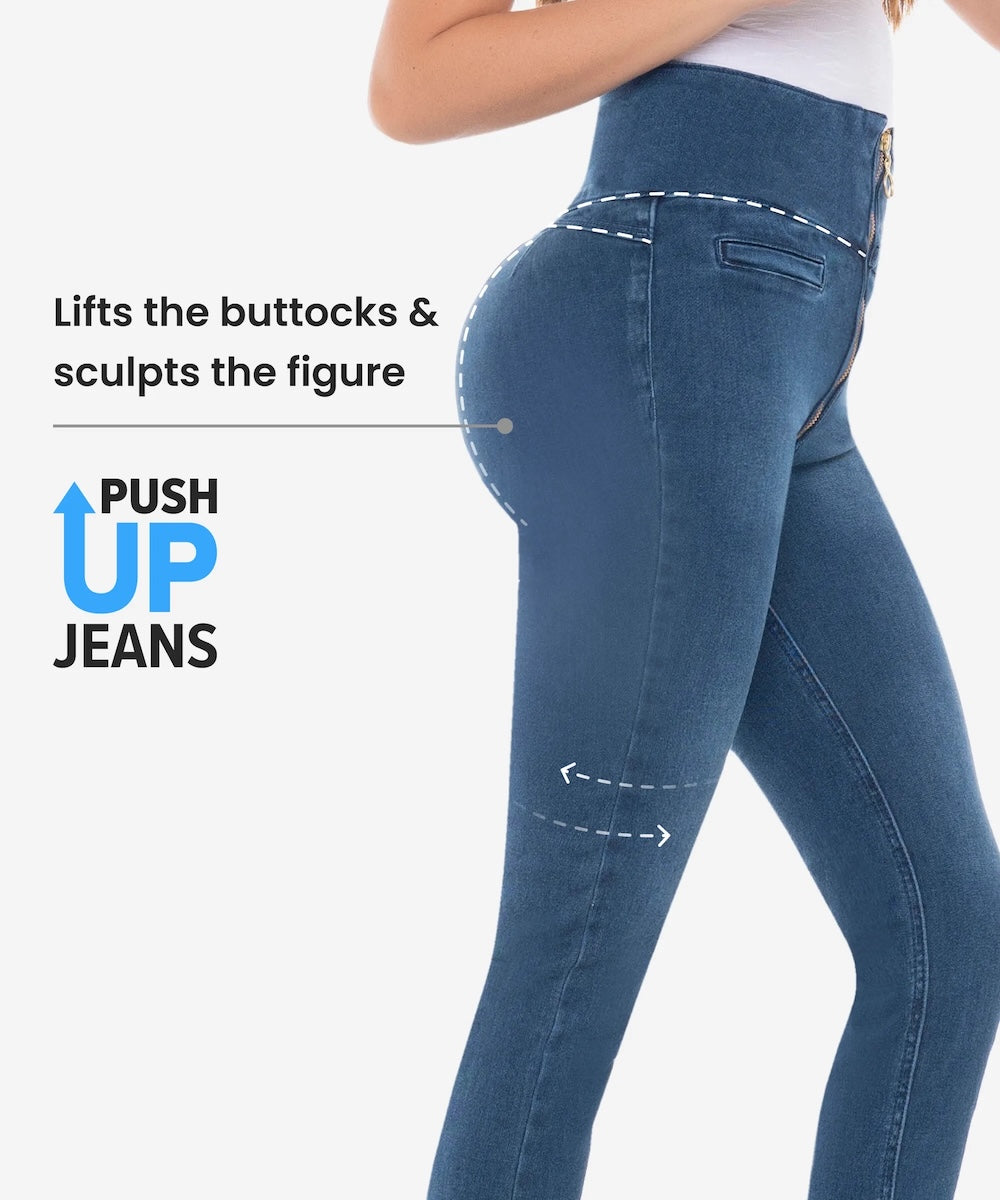 Blue push-up jeans being worn on a white background with text highlighting their effects.