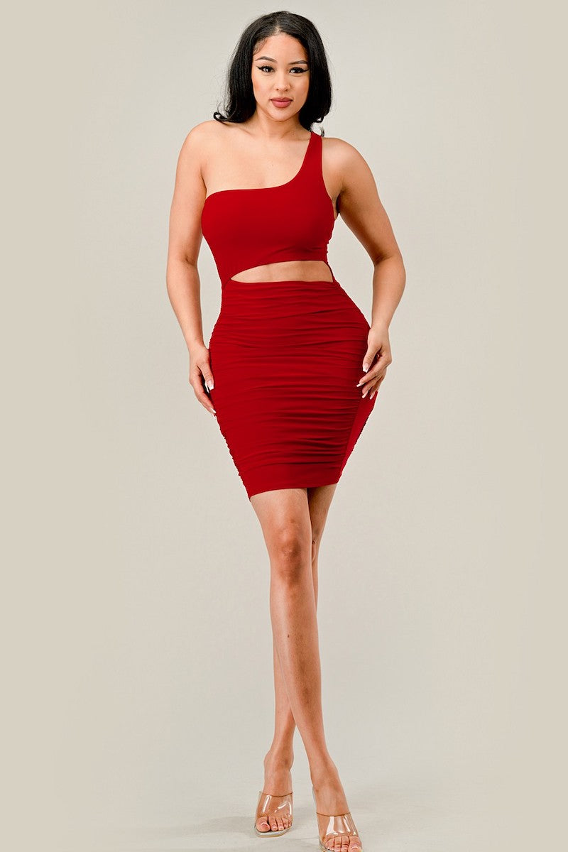 One Shoulder Cut Out Ruched Dress - Red