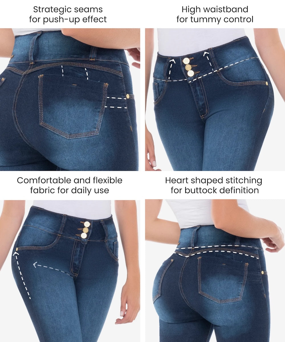 Blue jeans with various design features highlighted on a white background