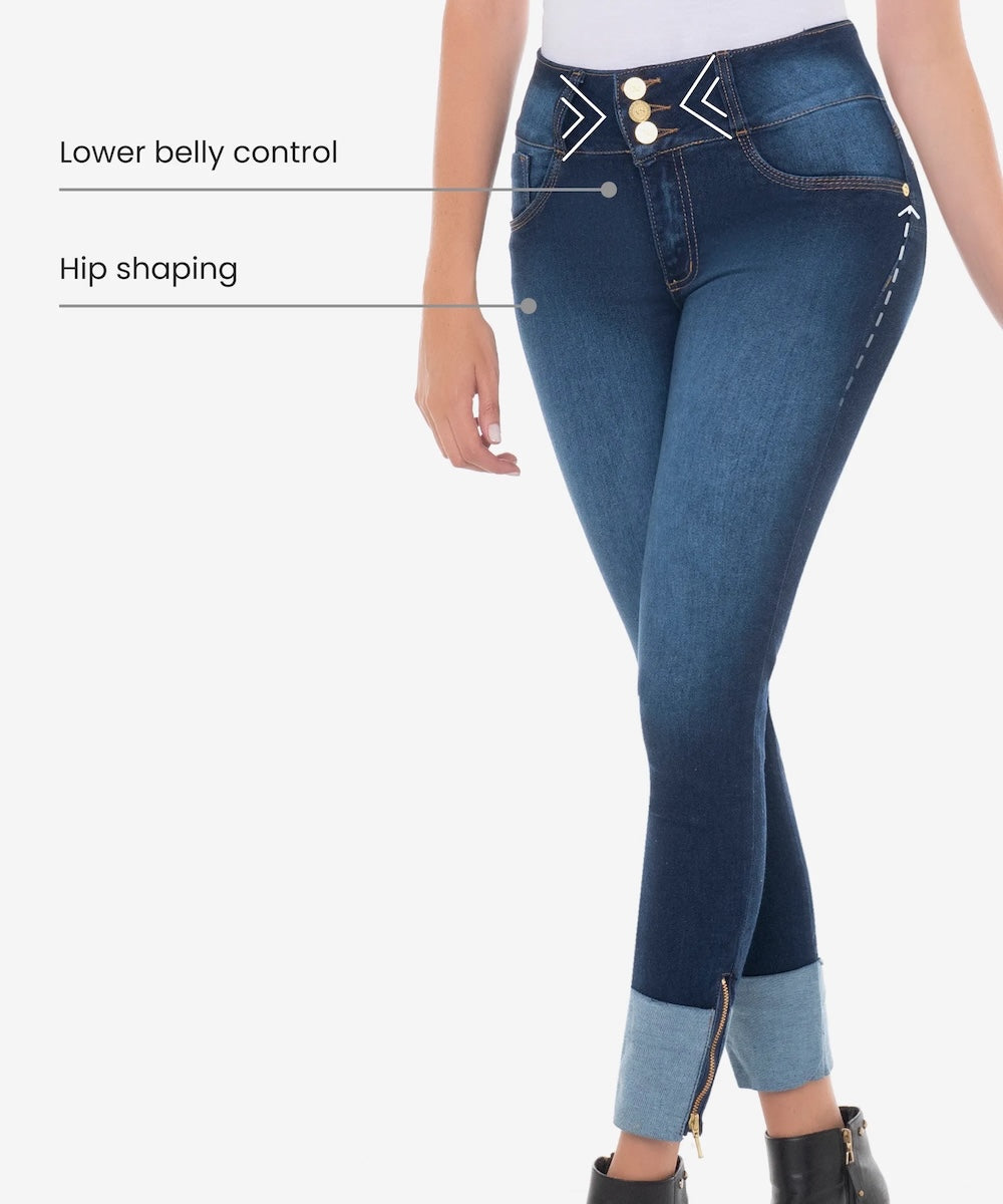 Blue jeans with text labels on a white background