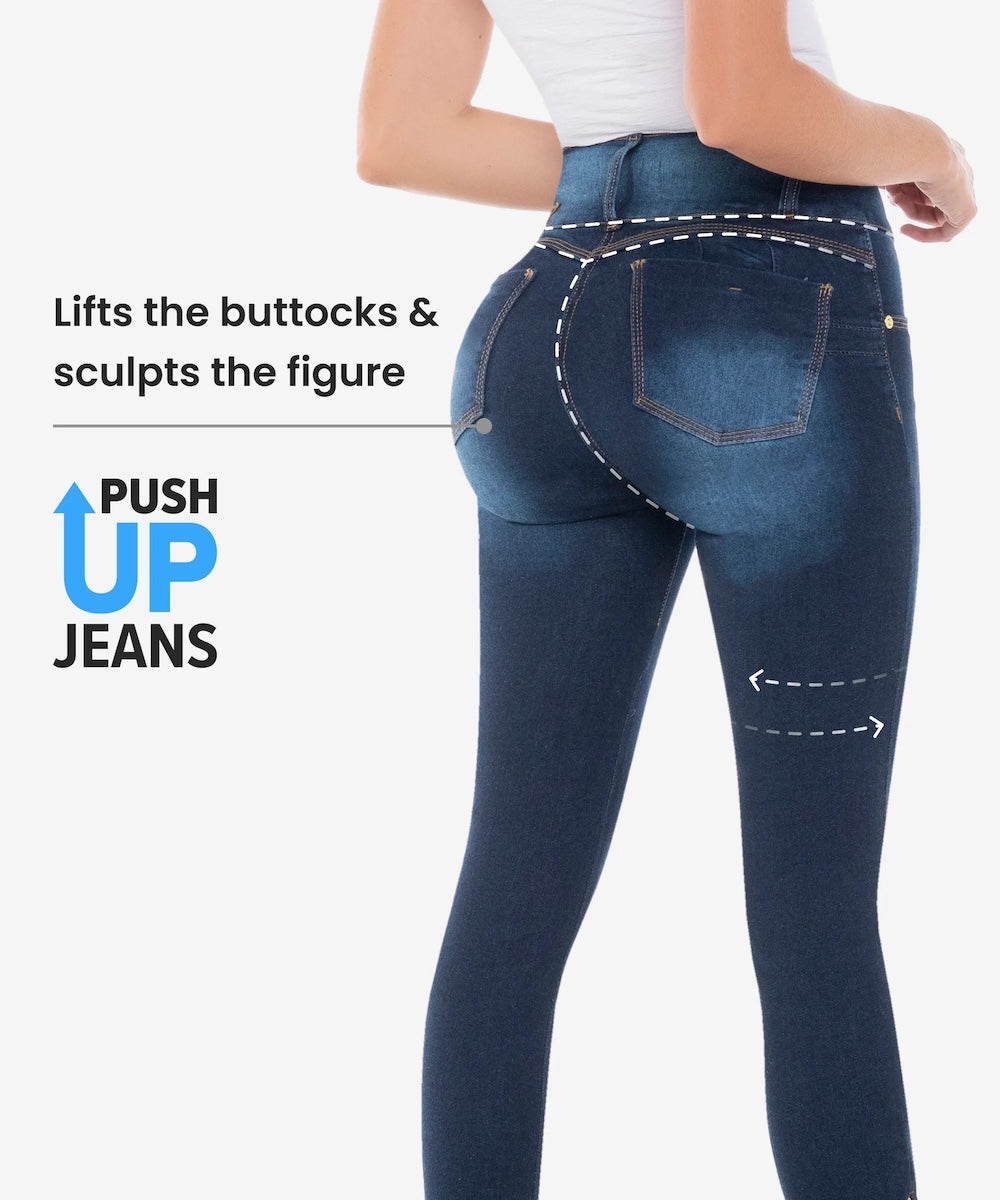 Push-up jeans with text highlighting their effects on buttocks and figure on a white background