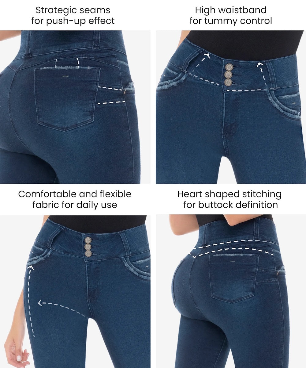 Blue jeans with various design features highlighted on a white background
