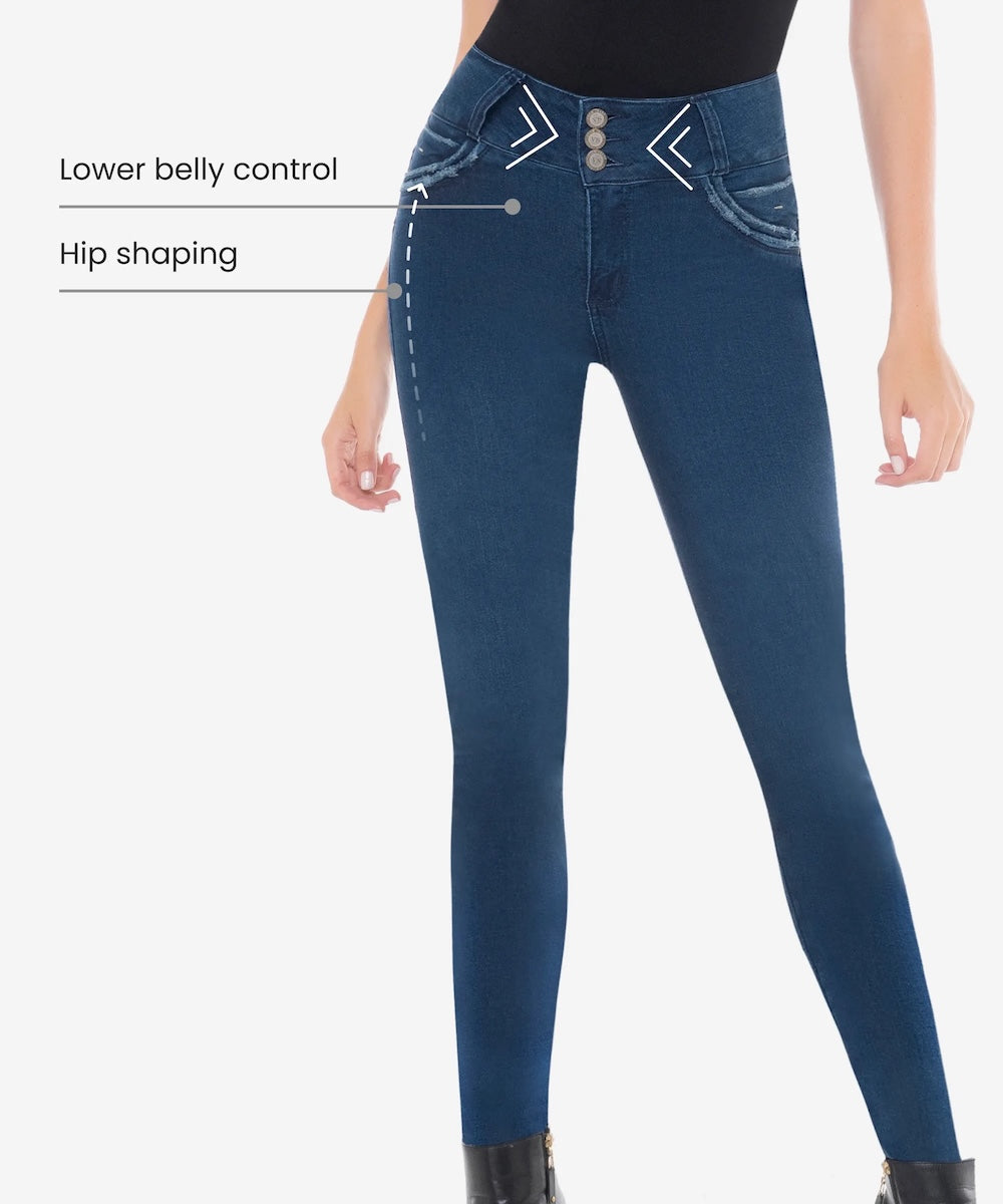 Blue jeans with text indicating features on a white background