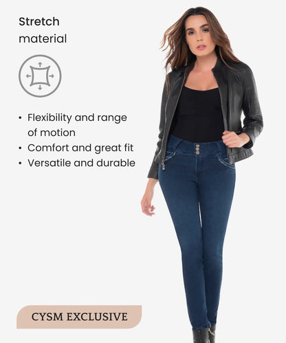 Woman wearing a black leather jacket and blue jeans with text about stretch material on a white background
