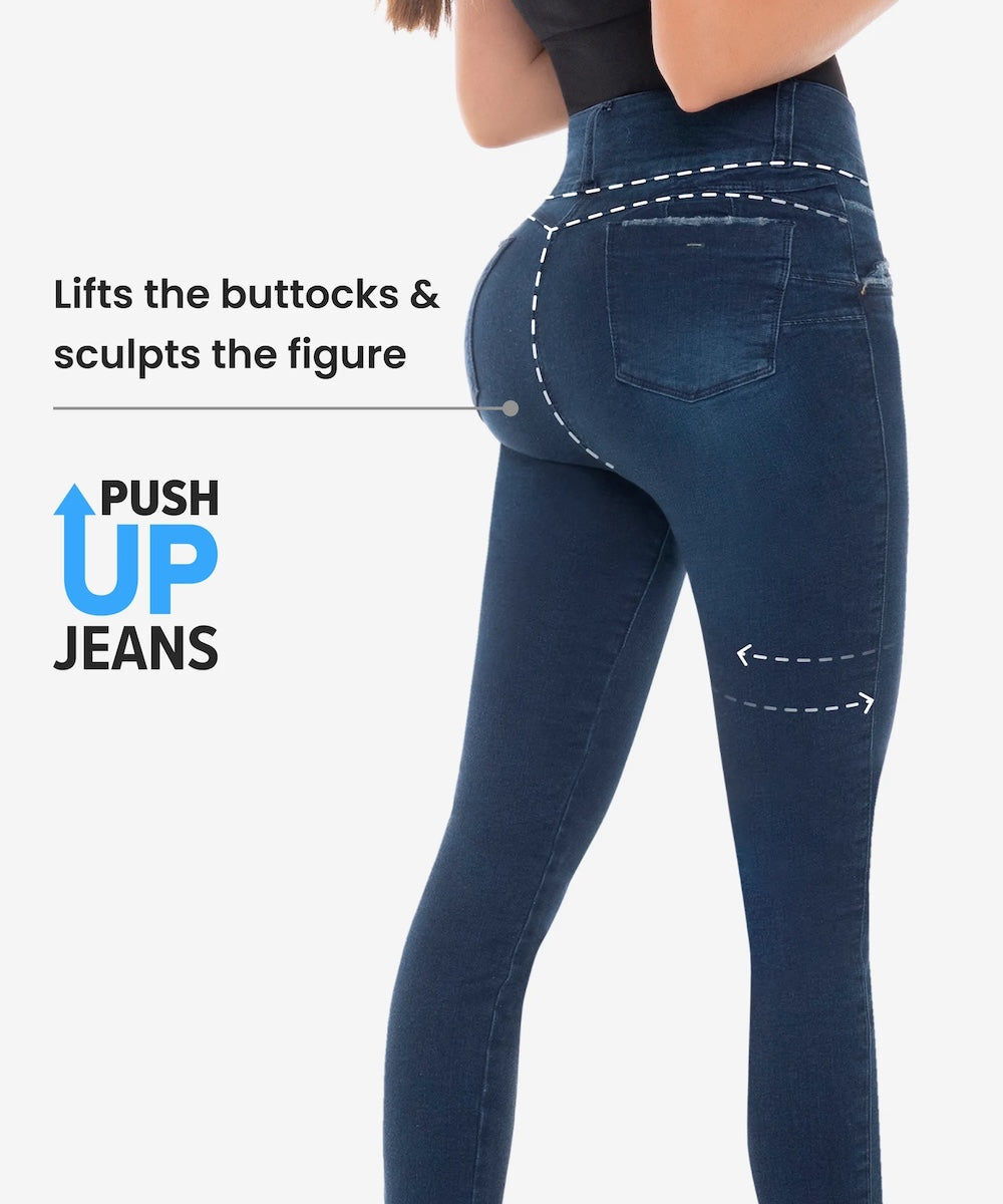 Push-up jeans with text highlighting their effect on buttocks and figure on a white background