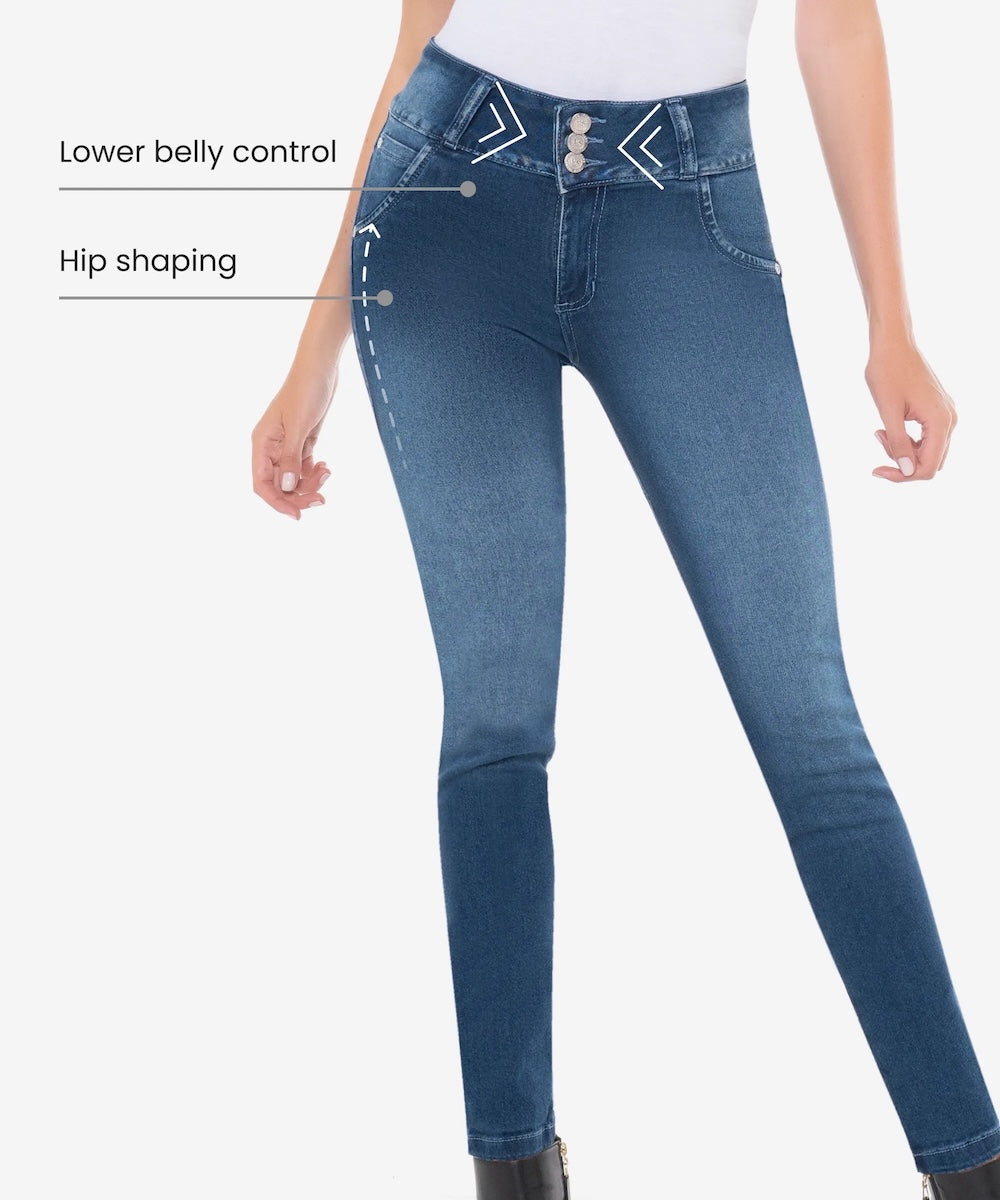 Blue jeans with features labeled on a white background