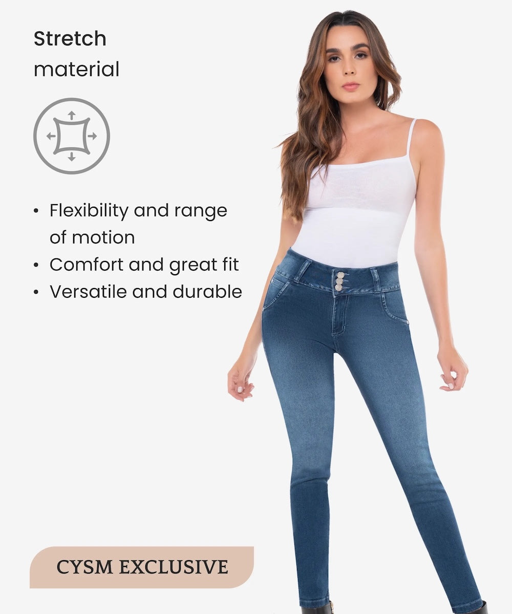 Woman wearing blue jeans with text about stretch material on a white background