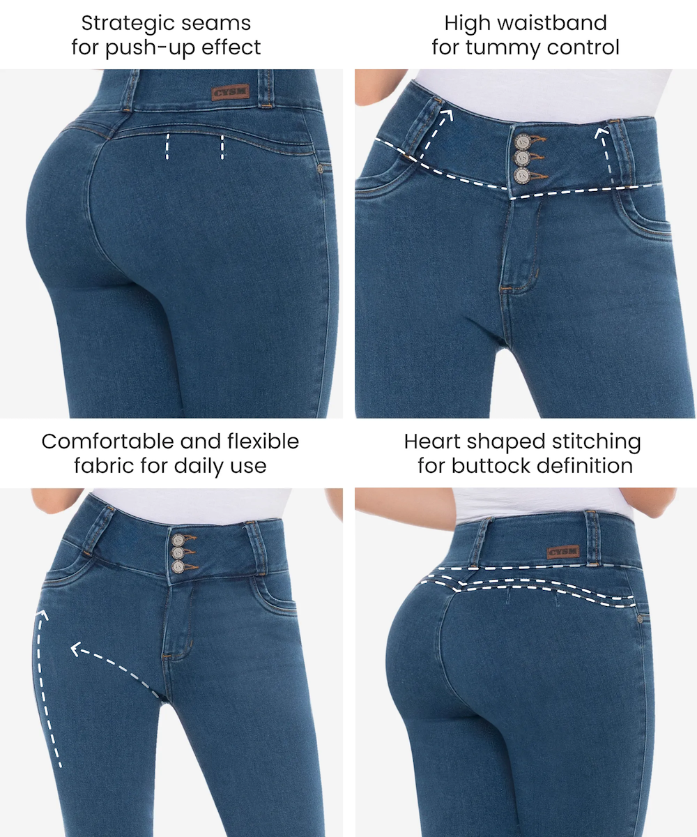 Blue jeans with various design features highlighted on a white background