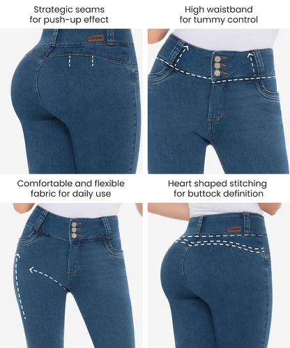 Blue jeans with various design features highlighted on a white background