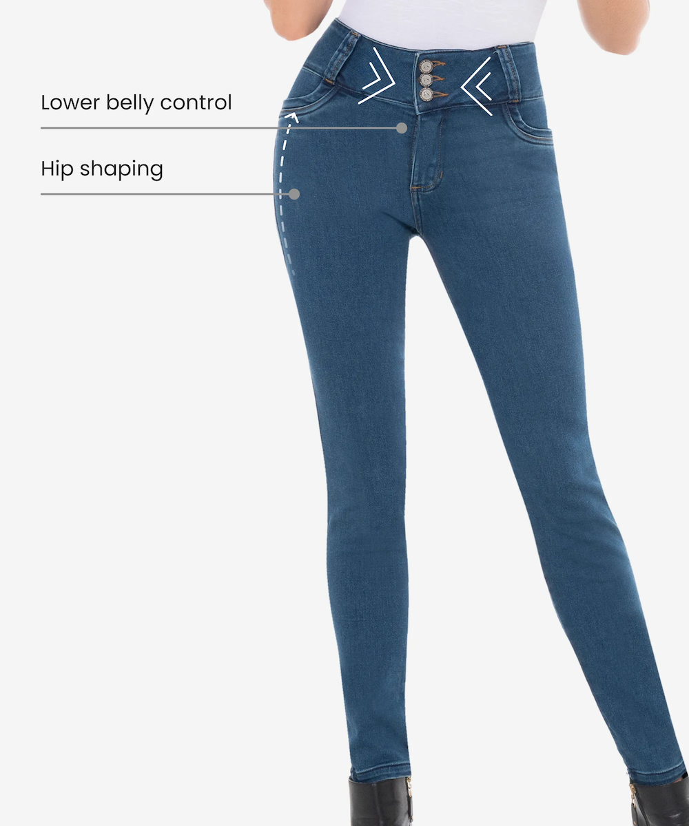Blue jeans with text highlighting features on a white background