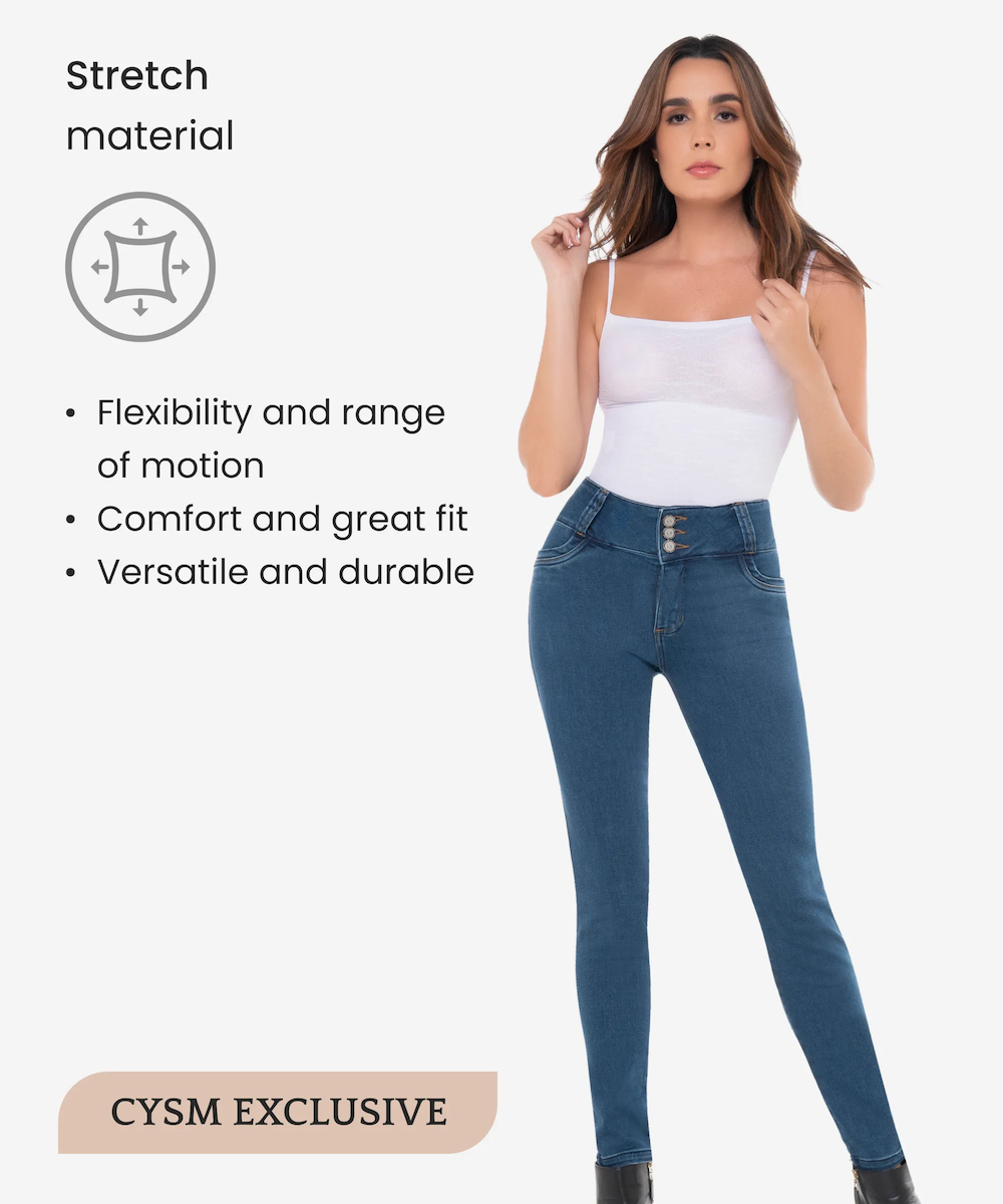 Woman wearing blue jeans with text about stretch material on a white background