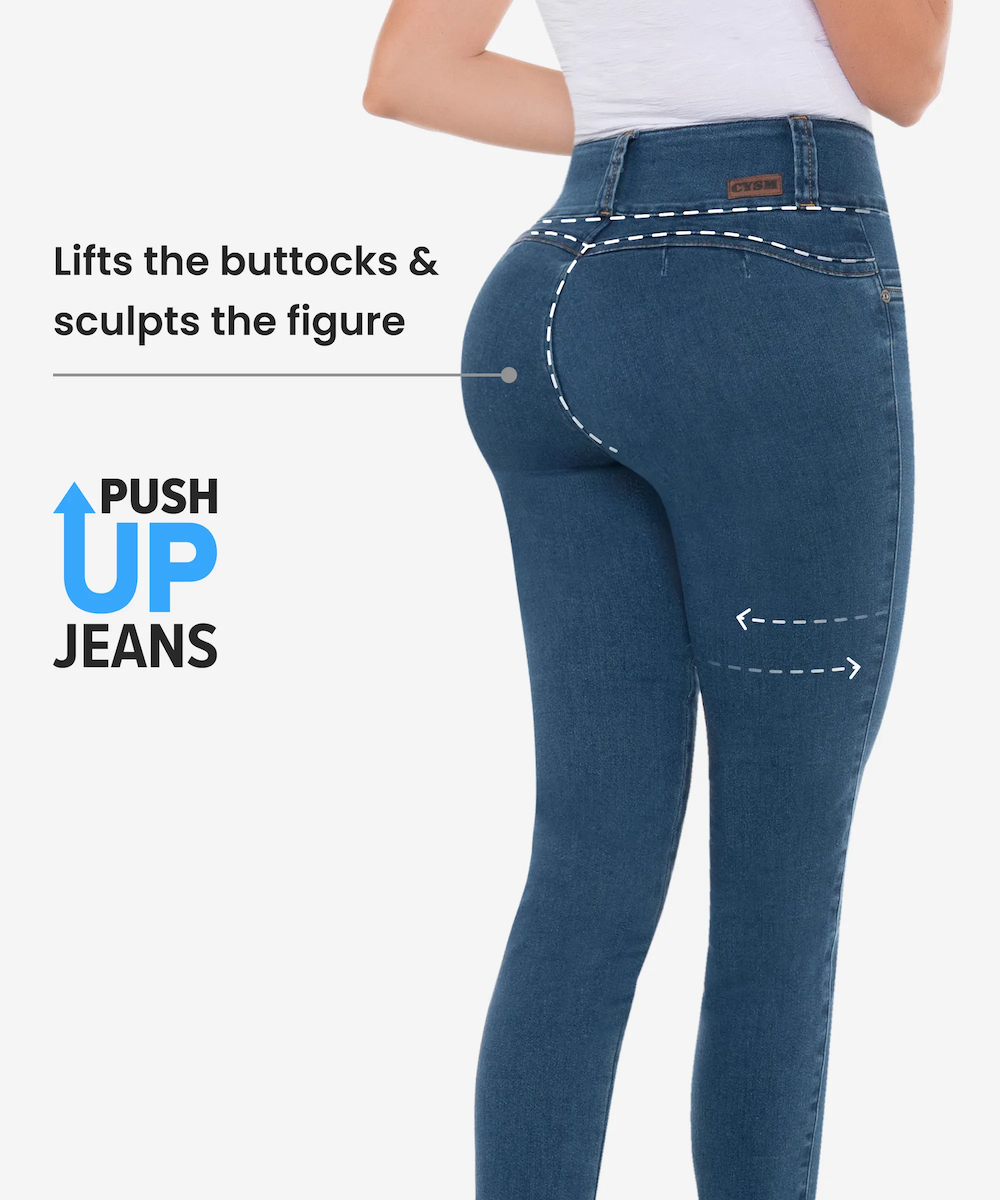 Push-up jeans with text highlighting their effect on the figure on a white background