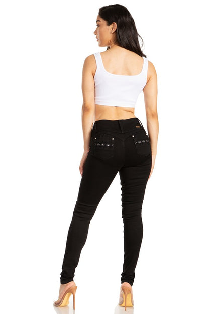 Mid Rise Embroidered Studded Jeans