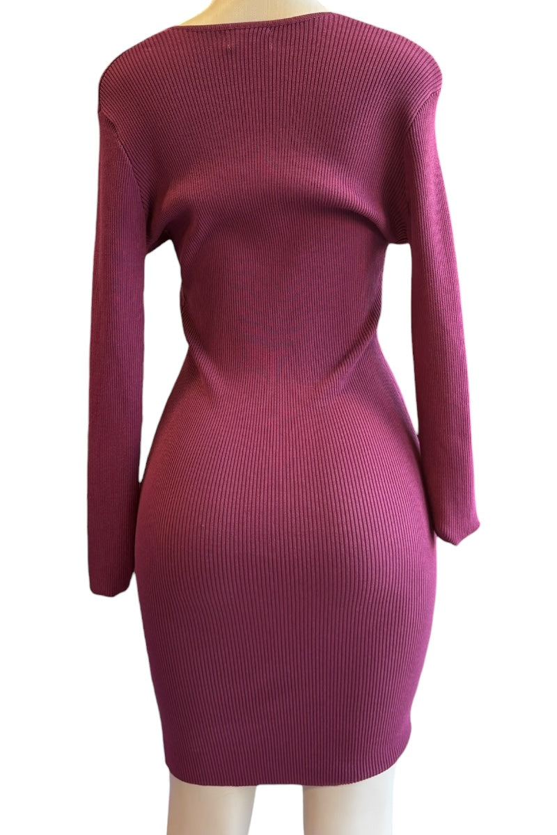 wine ribbed dress on a mannequin against a white background