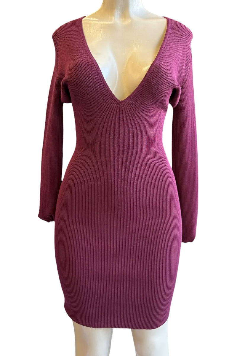 wine ribbed dress on a mannequin against a white background