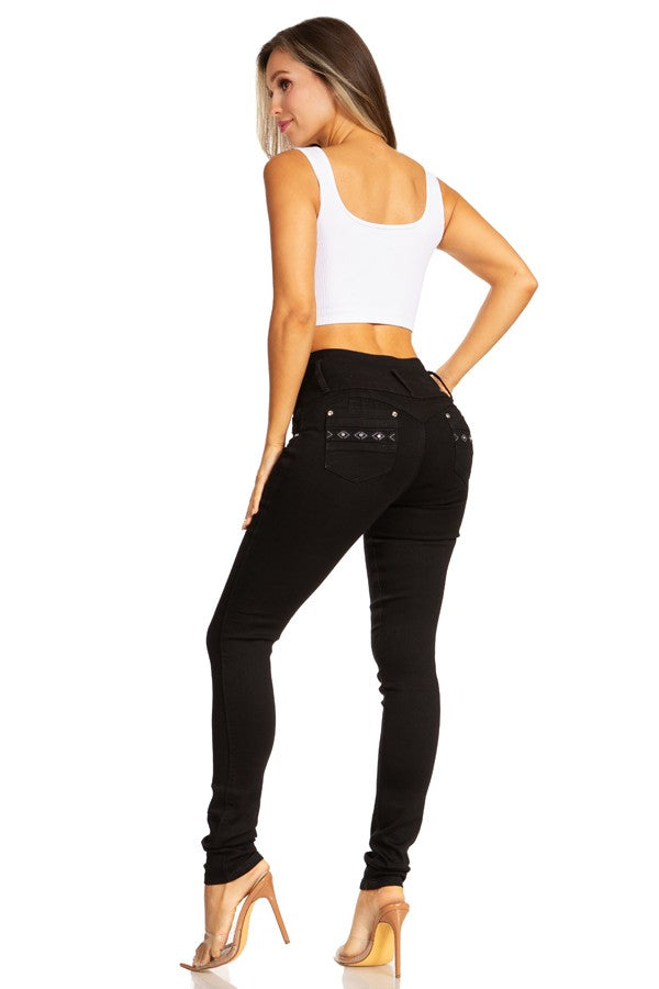 High Rise Embroidered Studded Jeans