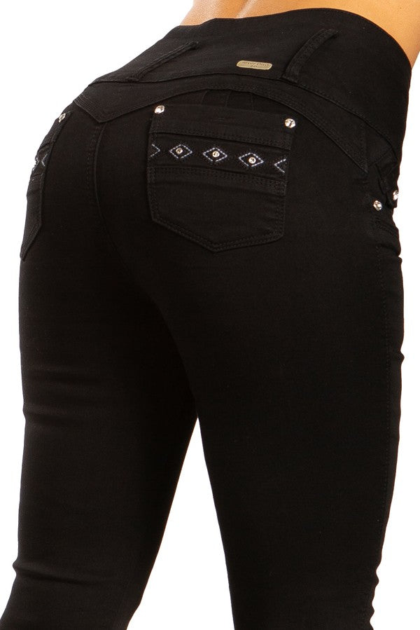 High Rise Embroidered Studded Jeans