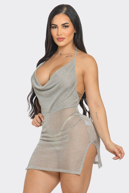 Cowl Neck Mesh Mini Dress With Side Slits #D4350