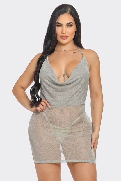 Cowl Neck Mesh Mini Dress With Side Slits #D4350