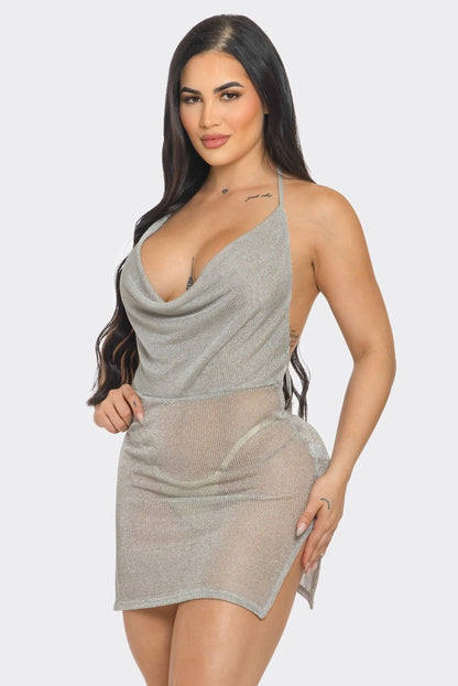 Cowl Neck Mesh Mini Dress With Side Slits #D4350