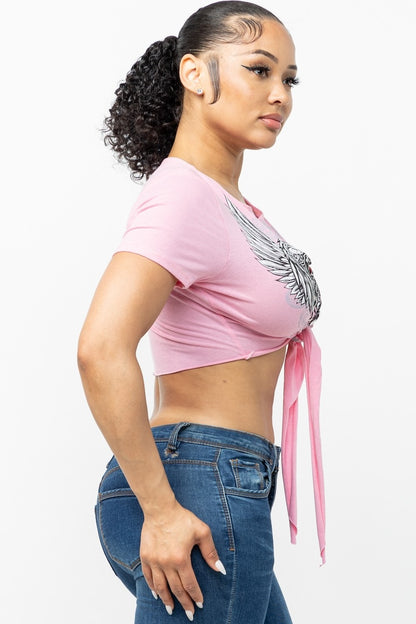 Front Tie Wings Graphic Crop Top