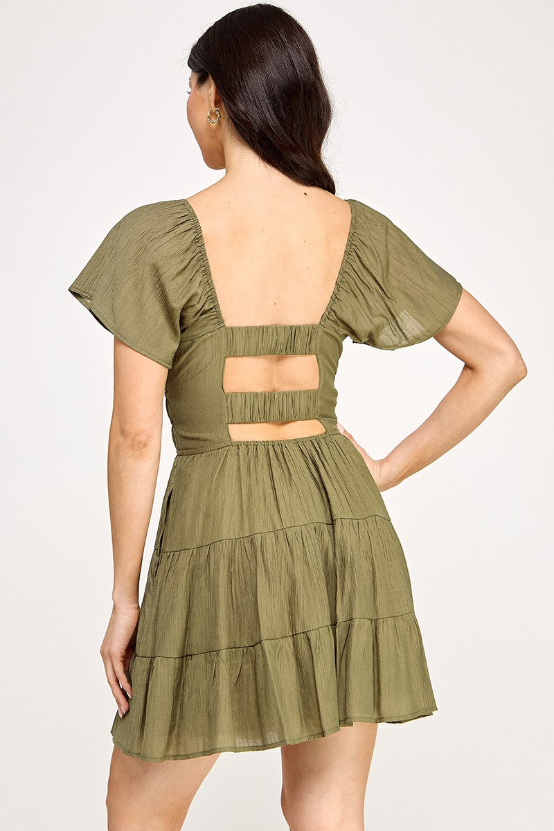 Solid Open Back Tiered Mini Dress - Olive