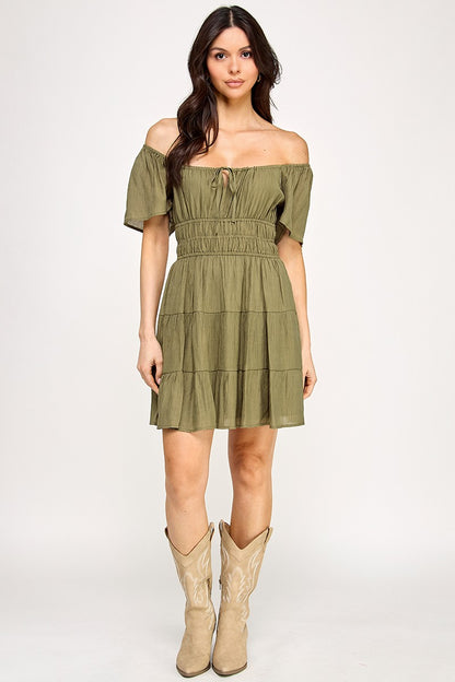 Solid Open Back Tiered Mini Dress - Olive