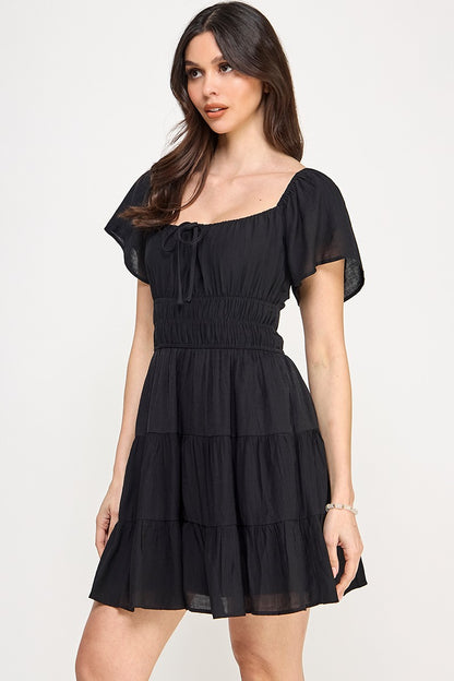 Solid Open Back Tiered Mini Dress - Black