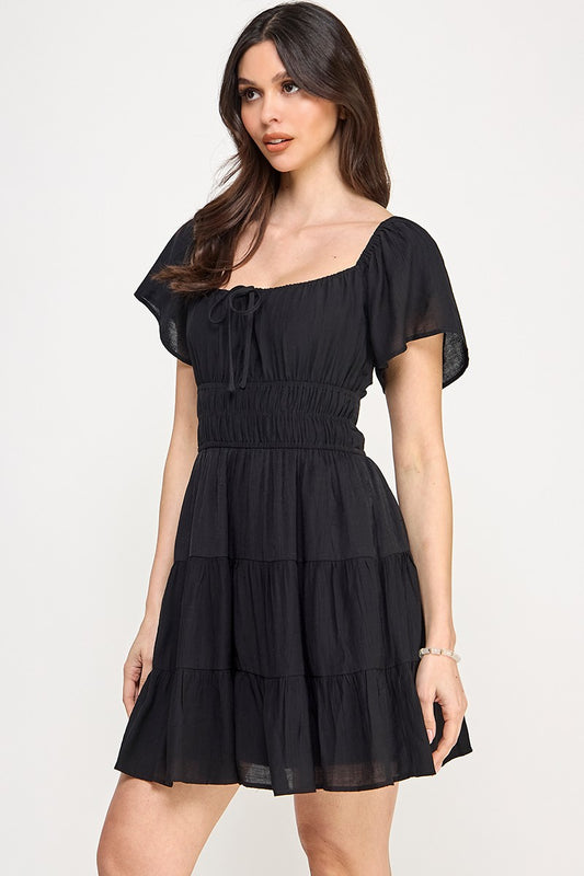 Solid Open Back Tiered Mini Dress - Black